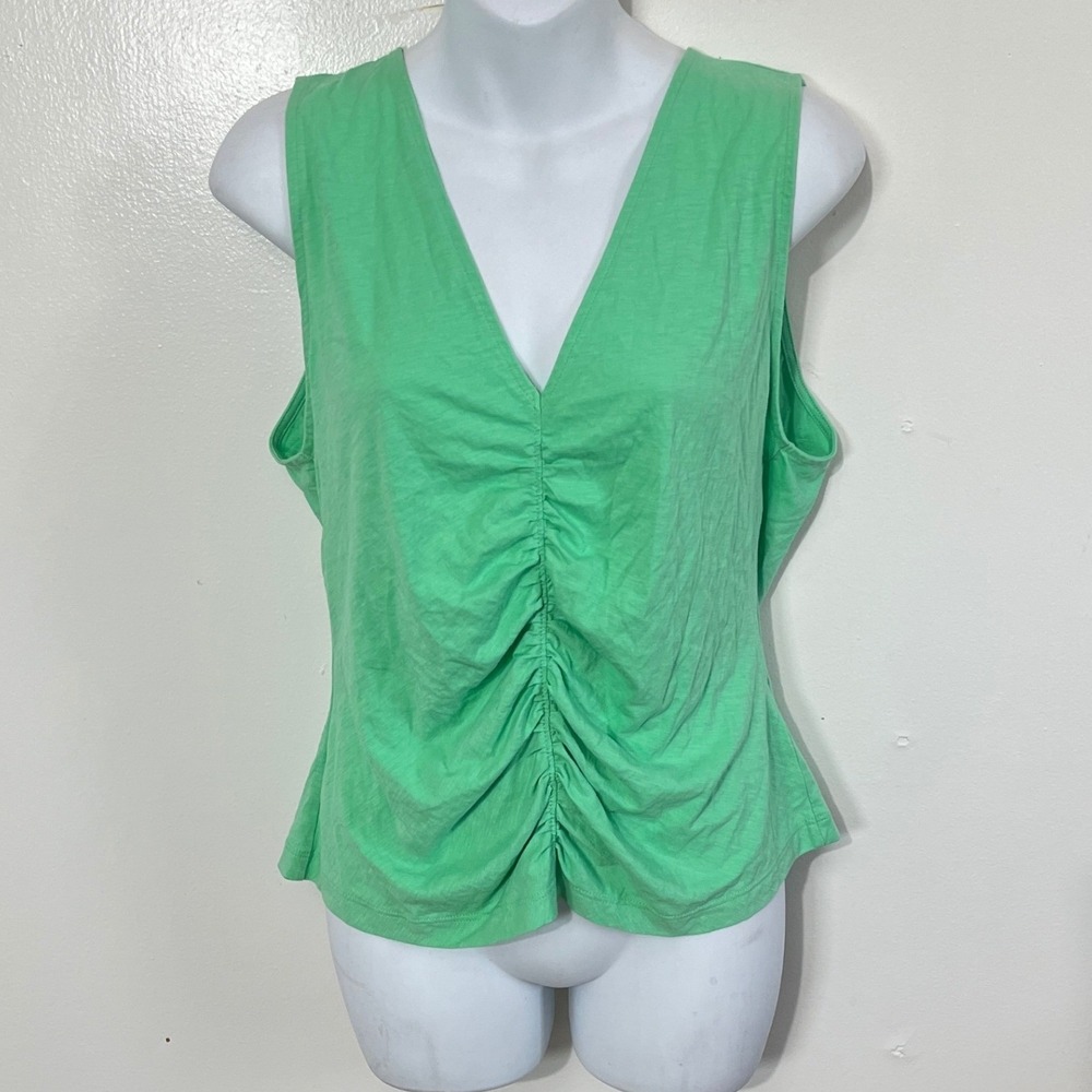 Nation LTD Crystal Tank Women Large Katydid Green Shirred V-Neck Pima Cotton